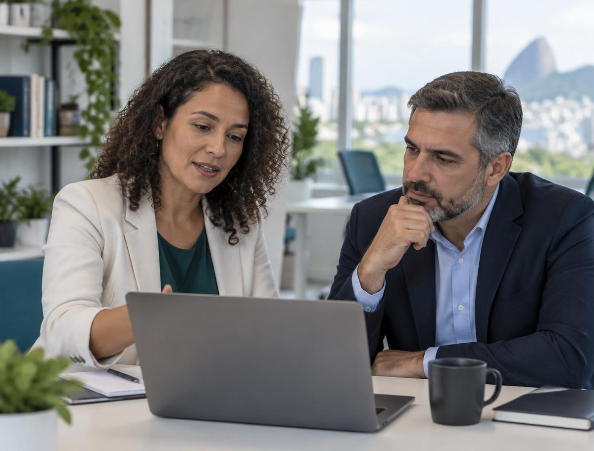 Consultora orientando um cliente sobre licenciamento Microsoft