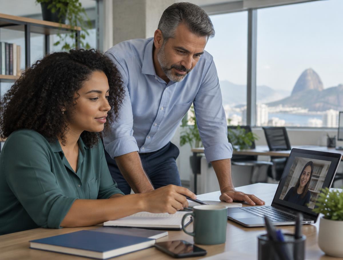 Profissionais colaborando com uma colega em trabalho remoto